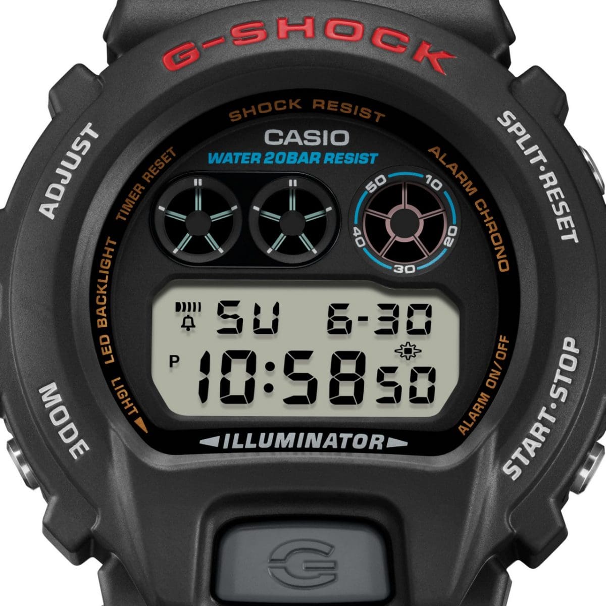 Nahaufnahme des digitalen Zifferblatts der G-SHOCK Armbanduhr DW-6900U-1 in Schwarz mit rotem G-SHOCK Logo.