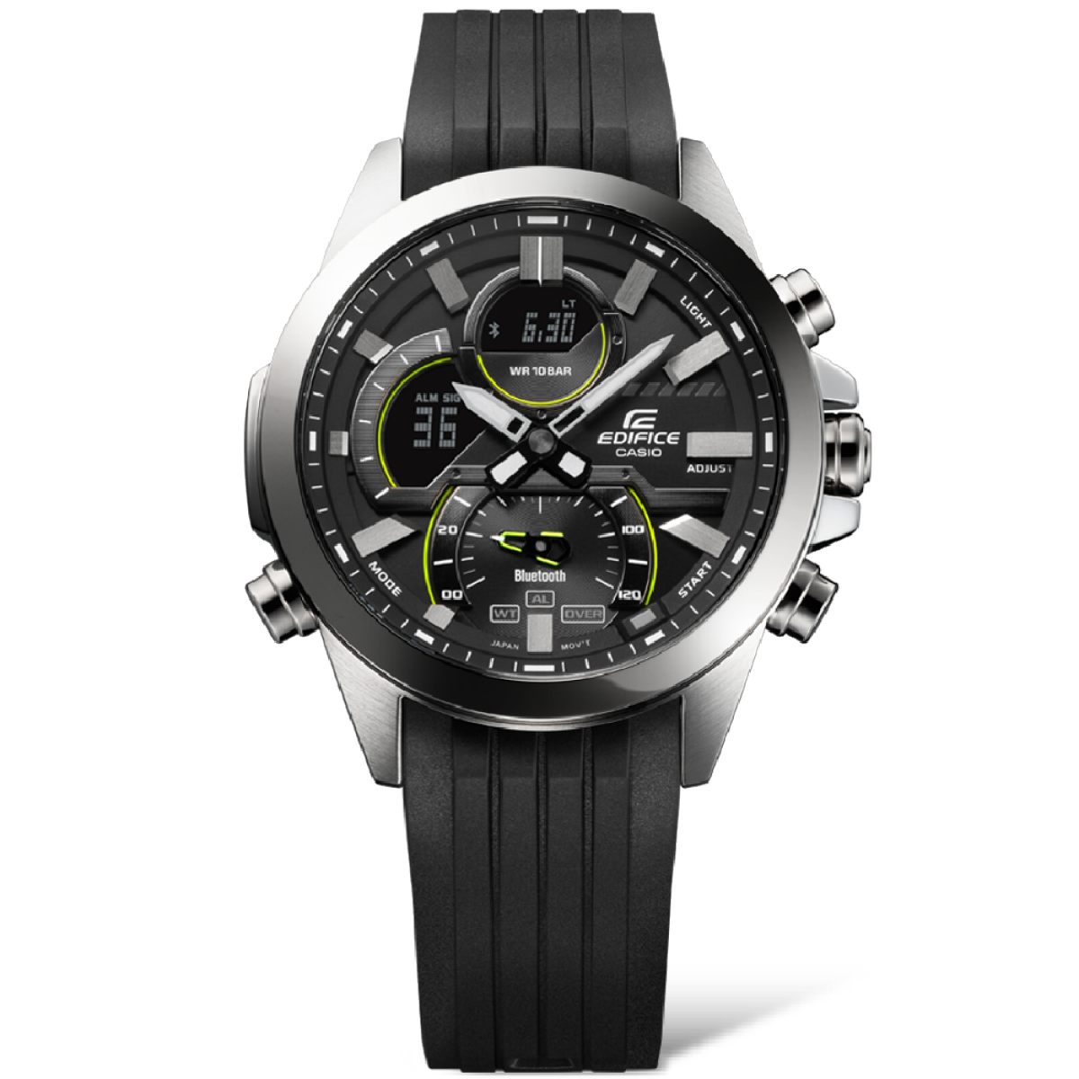 Gehäuse und Armband der EDIFICE Armbanduhr ECB-30P-1A direkt von vorn.