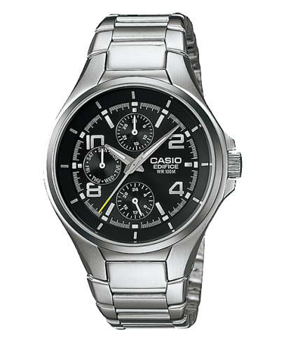 Close-Up des EDIFICE Chronographen "EF-316D-1AV" mit silber-farbigem Stainless Steel Armband, schwarzer analoger Anzeige und einem auffälligem gelben Sekundenanzeiger.