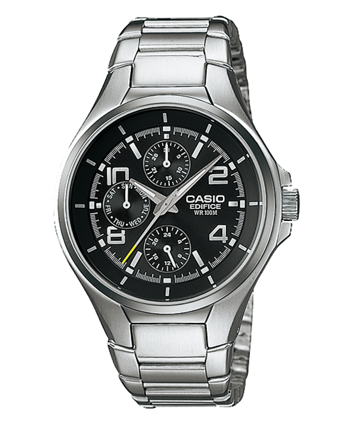 Close-Up des EDIFICE Chronographen "EF-316D-1AV" mit silber-farbigem Stainless Steel Armband, schwarzer analoger Anzeige und einem auffälligem gelben Sekundenanzeiger.