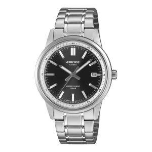Frontansicht der silbernen Armbanduhr EFR-109D-1A von EDIFICE mit schwarzem, analogem Zifferblatt
