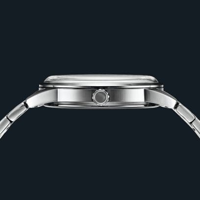 Von der Seite sieht man das gewölbte Uhrenglas über dem Zifferblatt der Armbanduhr EFR-109D-1A