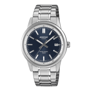 Frontansicht der silbernen Armbanduhr EFR-109D-2A von EDIFICE mit dunkelblauem Zifferblatt
