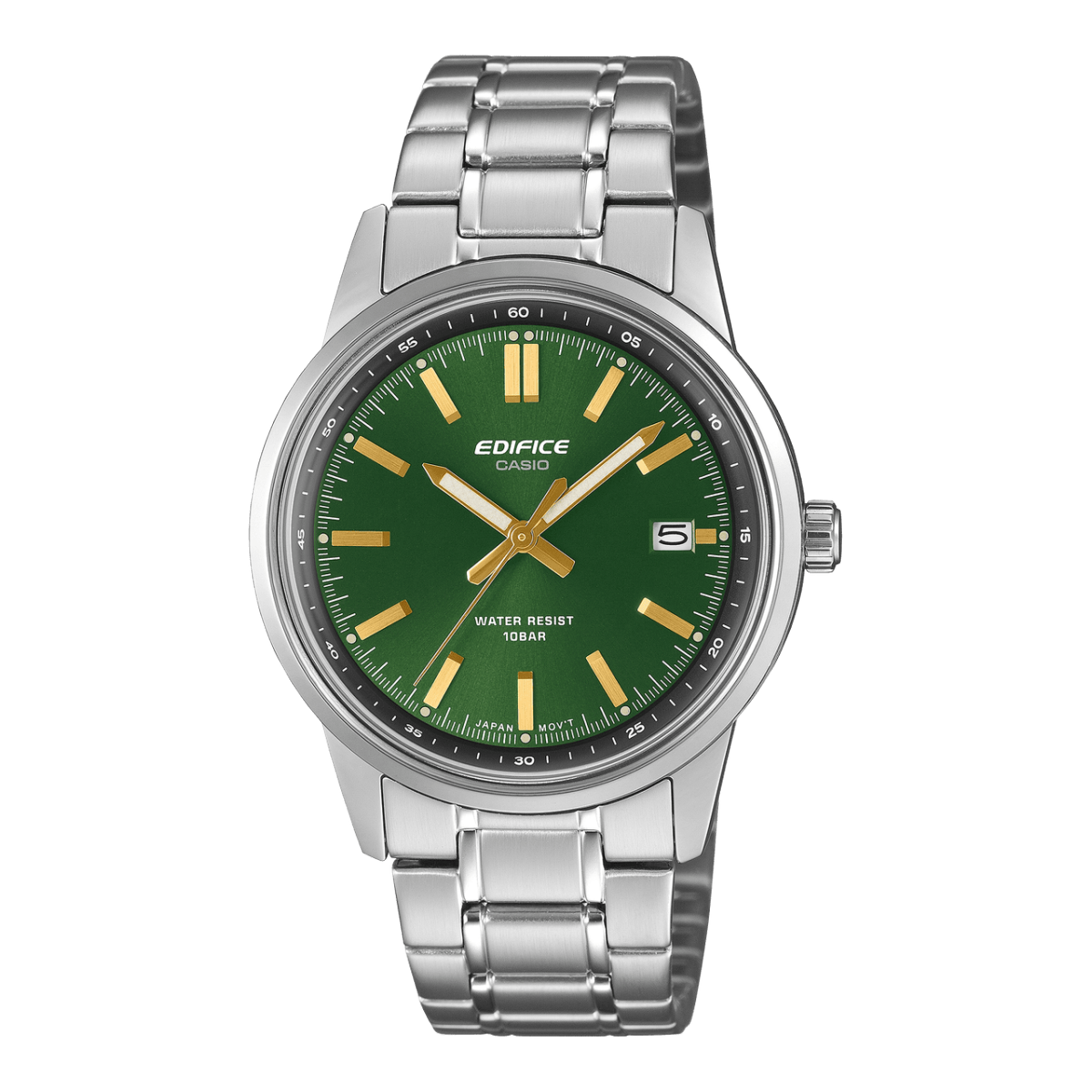 Frontansicht der silbernen Armbanduhr EFR-109D-3A von EDIFICE mit dunkelgrünem Zifferblatt und goldenen Indizes