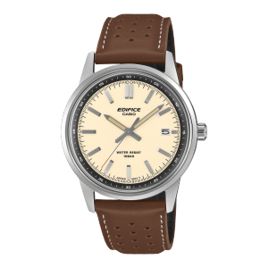 Frontansicht der Armbanduhr EFR-109L-7A von EDIFICE mit braunem Lederarmband