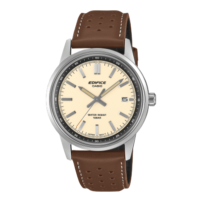 Frontansicht der Armbanduhr EFR-109L-7A von EDIFICE mit braunem Lederarmband
