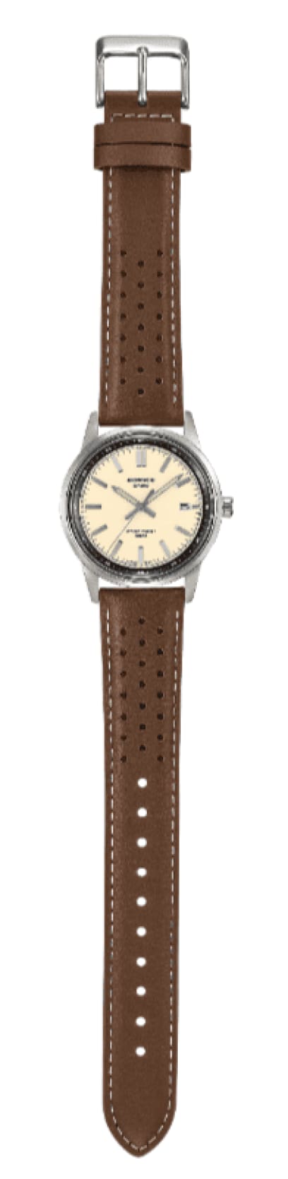 Gesamtansicht der Armbanduhr EFR-109L-7A von EDIFICE mit beigem Zifferblatt, silbernem Gehäuse und braunem Lederarmband