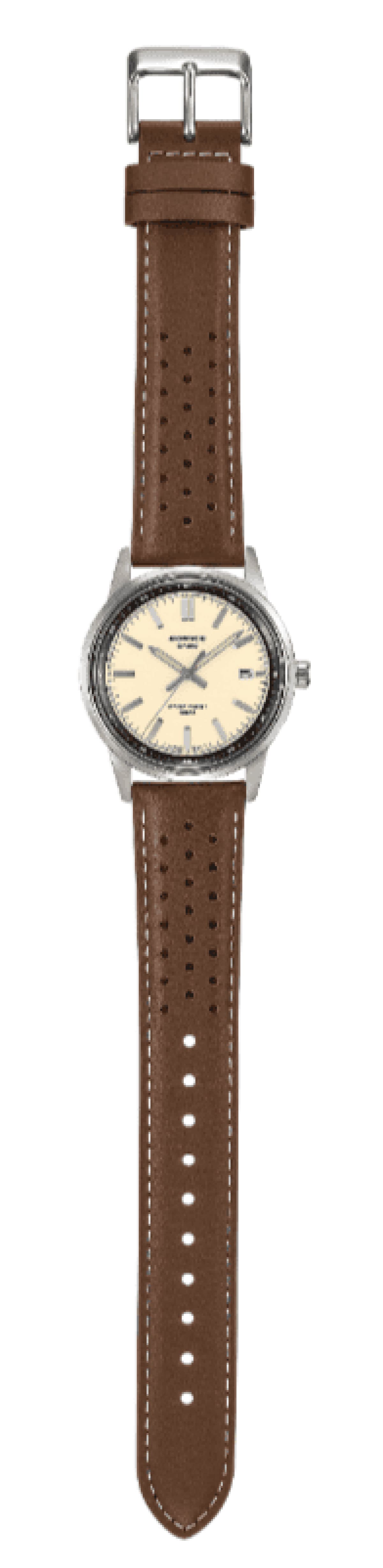 Gesamtansicht der Armbanduhr EFR-109L-7A von EDIFICE mit beigem Zifferblatt, silbernem Gehäuse und braunem Lederarmband