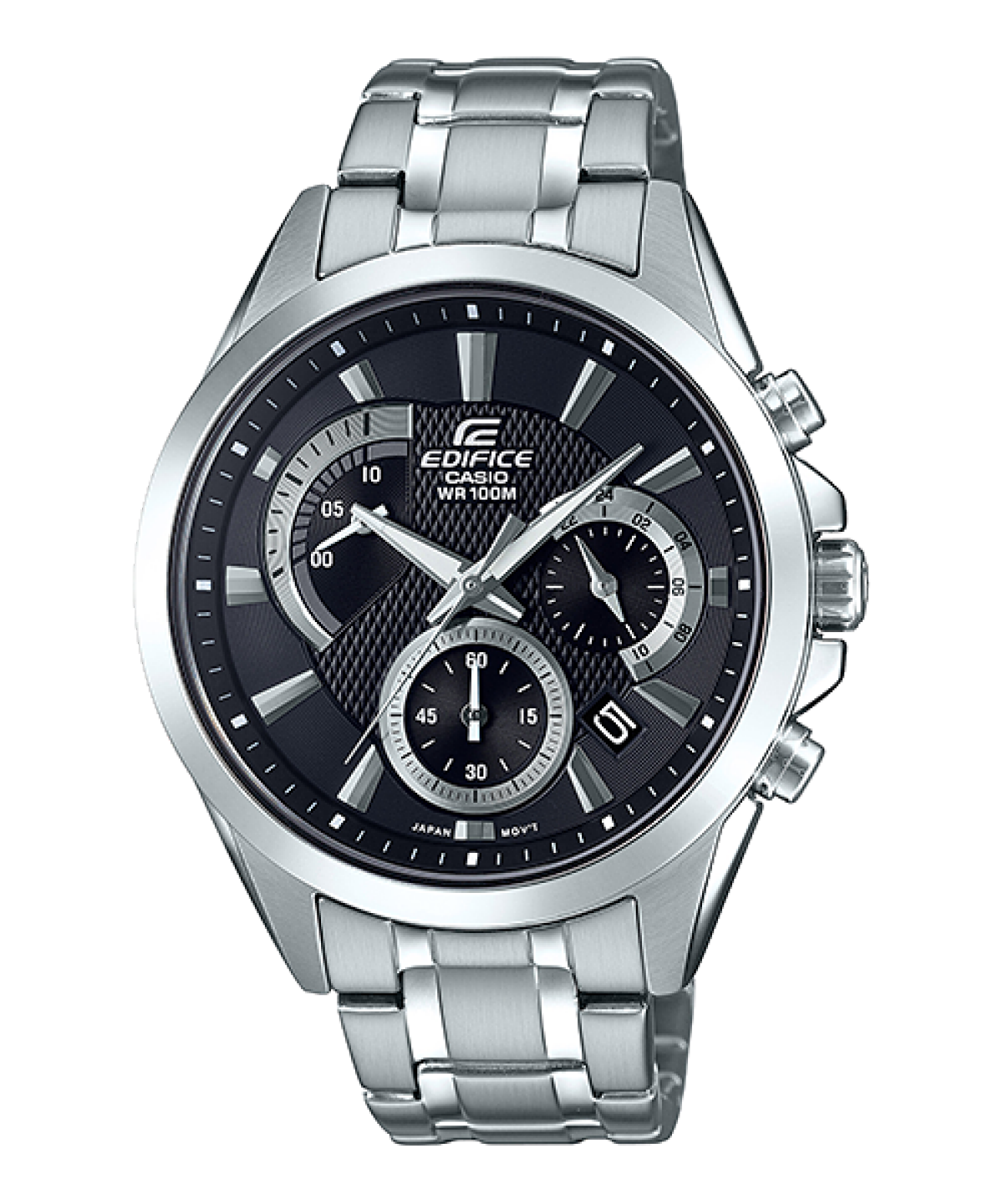 Close-Up des EDIFICE Chronographen "EFV-580D-1AV" mit silbernem Armband und schwarzer analoger Anzeige.
