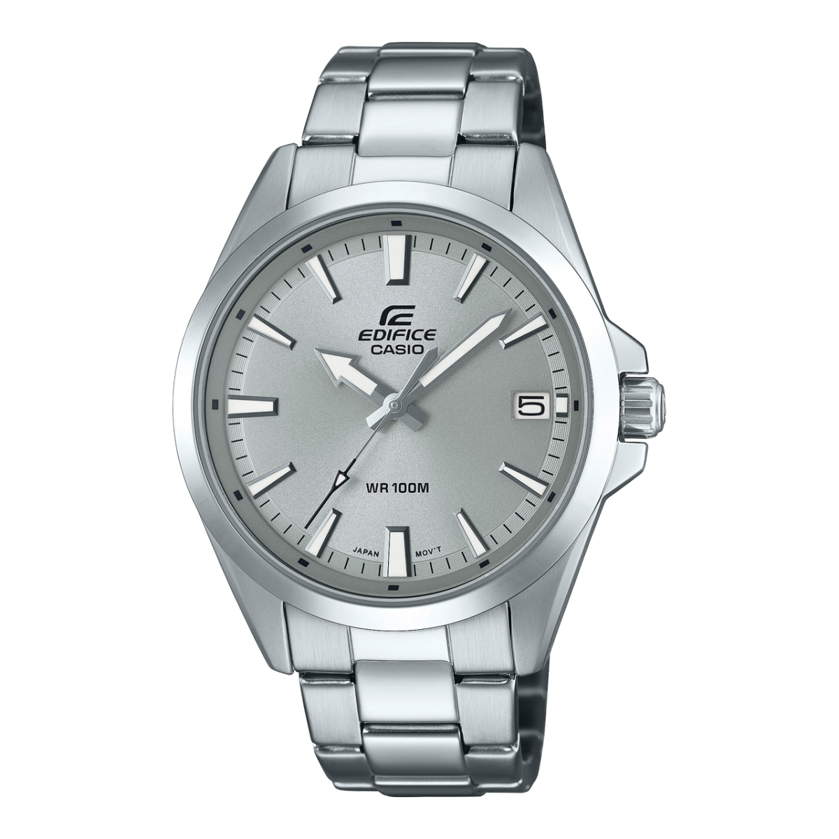 Die EDIFICE Armbanduhr EFV-100D-8AVU mit analogem Zifferblatt in Silbergrau und einem Armband aus Edelstahl in Silber.