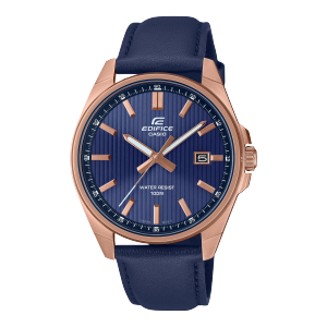 Frontansicht der EFV-150CL-2AV mit dunkelblauem Zifferblatt und Armband, sowie Gehäuse, Indizes und Zeiger in Roségold