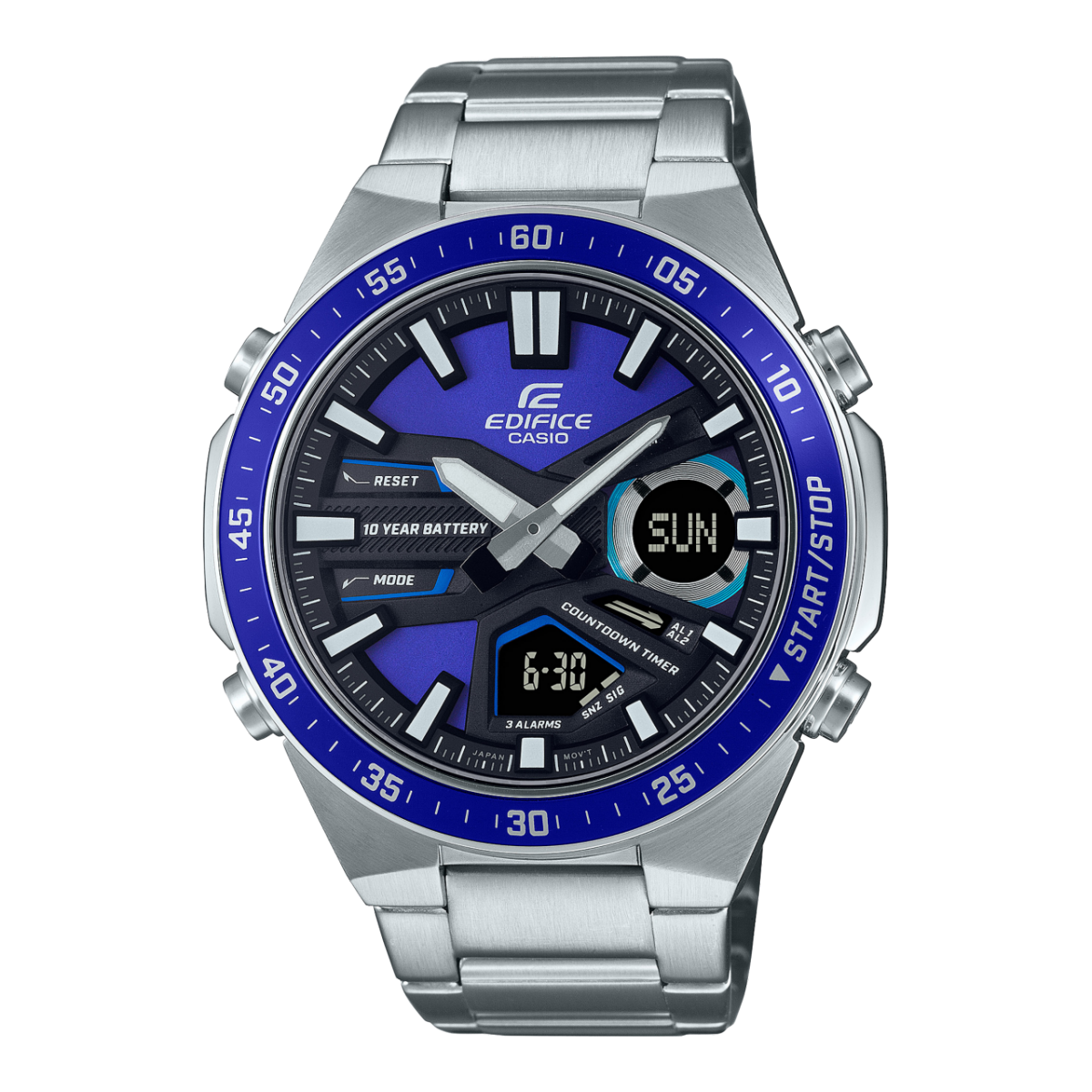 Die Casio EFV-C110D-2AV Armbanduhr mit silberfarbenem Metallarmband und blau-schwarzem Zifferblatt