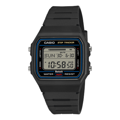 Frontansicht der schwarzen Armbanduhr F-B100W-1AEF von CASIO mit blauen, gelben und roten Akzenten auf dem Zifferblatt