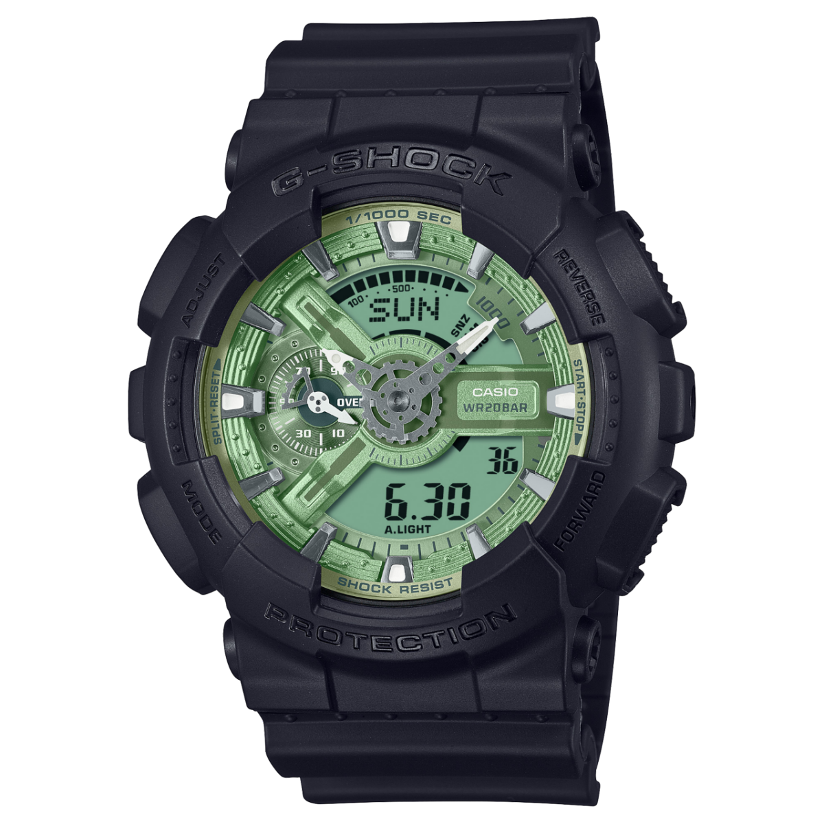 Die G-SHOCK Armbanduhr GA-110CD-1A3 mit digital-analogem Zifferblatt in Hellgrün mit silbernen Akzenten sowie einem Gehäuse und Armband aus Resin in Schwarz.