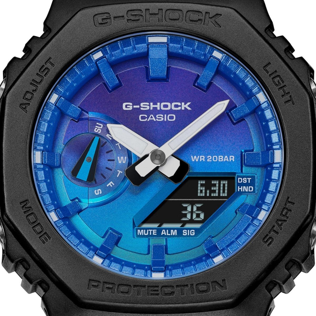 Nahaufnahme des Zifferblatts der G-SHOCK GA-2100FL-1A aus der Serie "Flame inside"