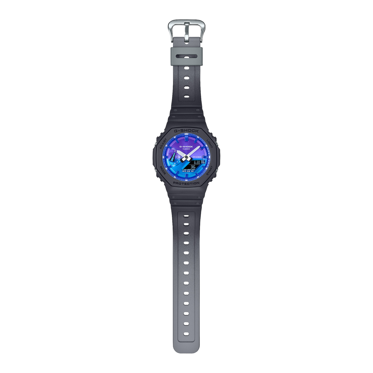 Komplettaufnahme der GA-2100FL-1A Armbanduhr von G-SHOCK mit grauem Armband