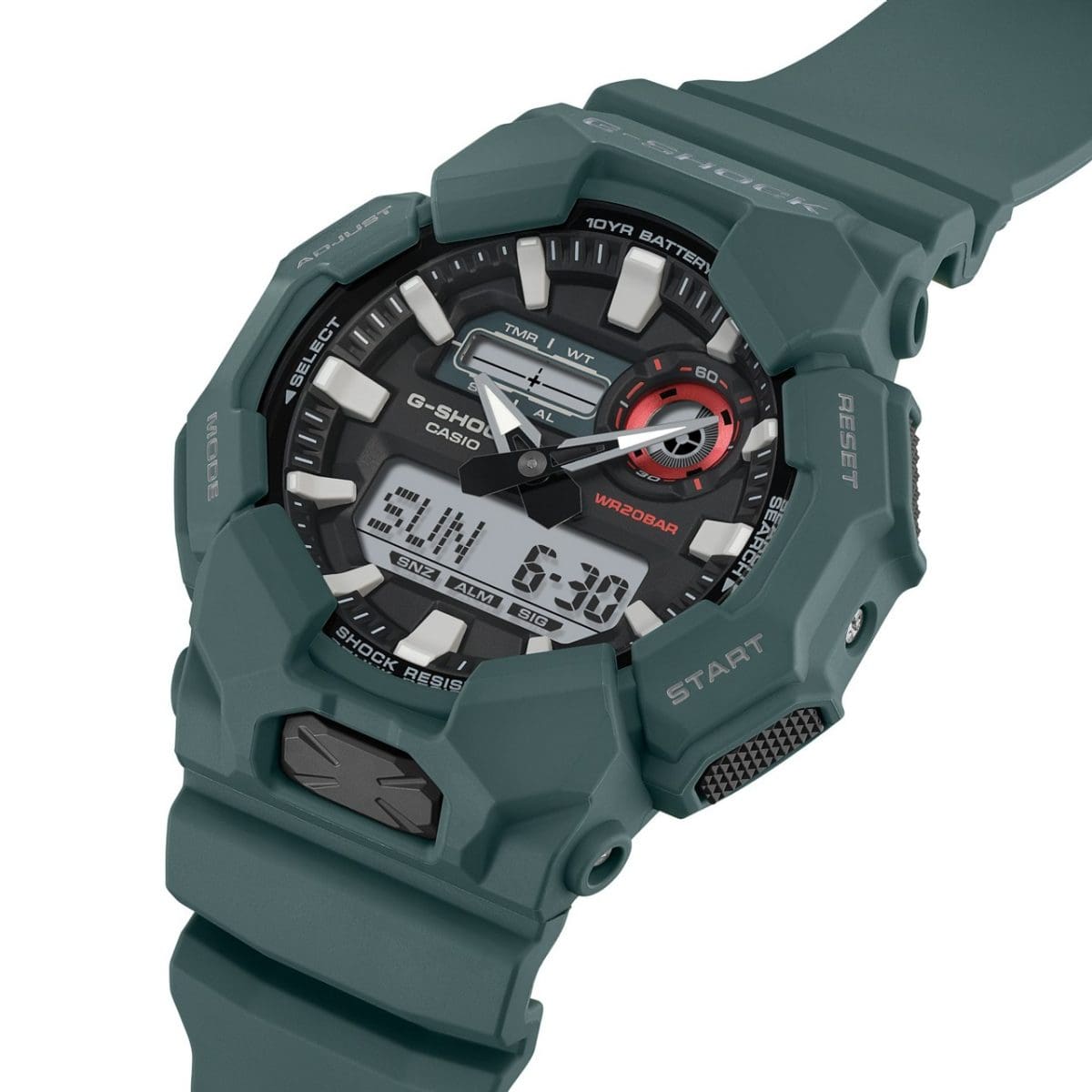 Seitliche Ansicht der G-SHOCK GA-010-2A, die seitlichen Knöpfe sowie der Frontbutton sind in schwarz gehalten.