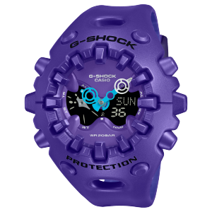 Frontansicht der violetten GA-V01-2AER mit violettem Zifferblatt und schwarzem Digitaldisplay