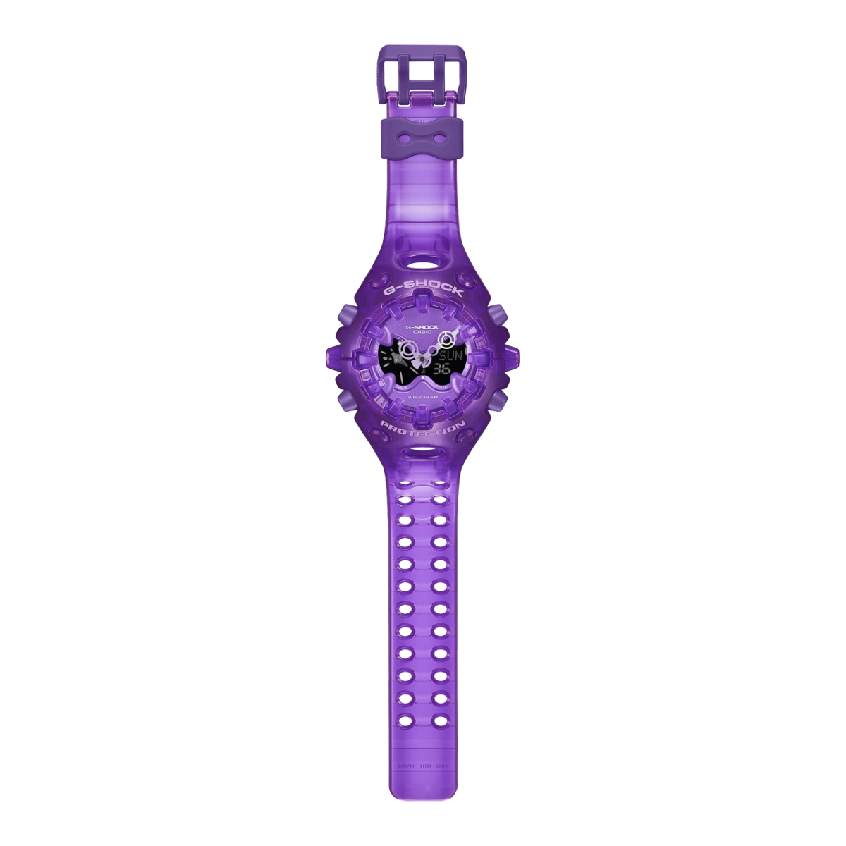 Gesamtansicht der violetten GA-V01SKE-6AER mit geöffnetem, zweireihigem Loch-Armband