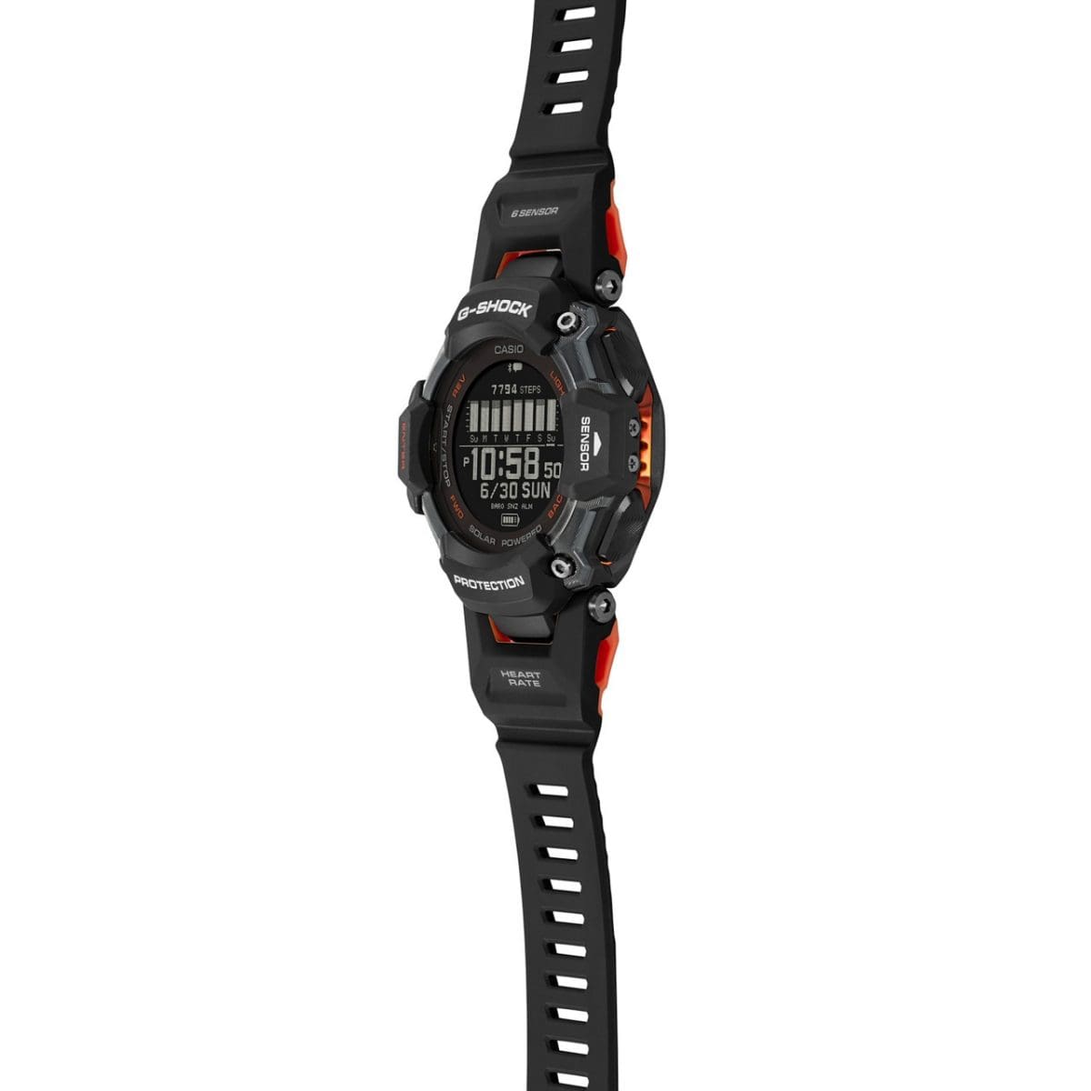 Die seitliche Ansicht der G-SHOCK Armbanduhr GBD-H2000-1A zeigt die schwarzen Bedienknöpfe außen am Gehäuse mit roten Details.