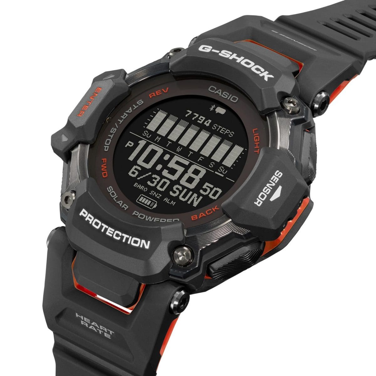 Die seitliche Nahaufnahme der G-SHOCK Armbanduhr GBD-H2000-1A zeigt die schwarzen Bedienknöpfe außen am Gehäuse mit roten und weißen Details.