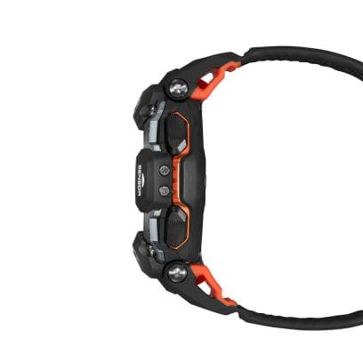 Die seitliche Ansicht der G-SHOCK Armbanduhr GBD-H2000-1A zeigt die schwarzen Bedienknöpfe rechts außen am Gehäuse und dessen besonders geformte Unterseite.