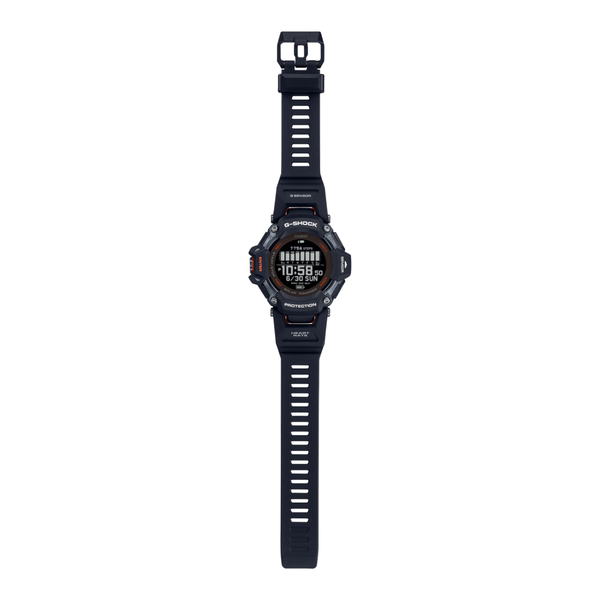 Komplettansicht der flach liegenden G-SHOCK Armbanduhr GBD-H2000-1A.