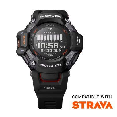 Gehäuse und Armband der G-SHOCK Armbanduhr GBD-H2000-1A direkt von vorn mit dem Hinweis "Compatible with Strava".