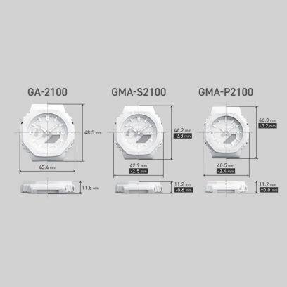 Absteigender Größenvergleich der Gehäuse der GA-2100-Serie, der GMA-S2100-Serie und der GMA-P2100-Serie