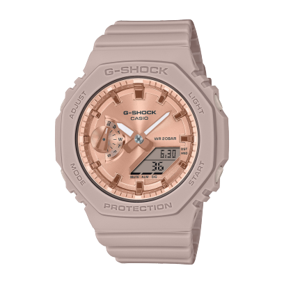 Frontansicht der GMA-S2100MD-4A mit rosé-goldenem Zifferblatt und rosafarbenem Gehäuse und Armband