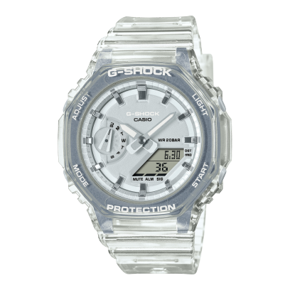 Die silberne G-SHOCK WOMEN Armbanduhr GMA-S2100SK-7A mit rundem, digital-analogem Zifferblatt und einem Gehäuse und Armband aus transparentem Resin.