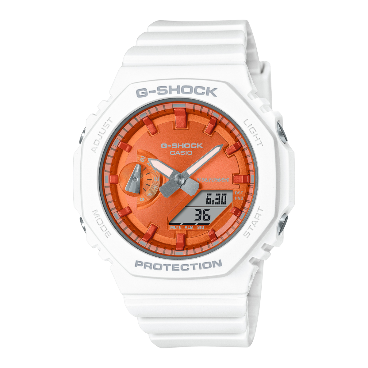 Die weiße G-SHOCK Armbanduhr "GMA-S2100WS-7A" mit achteckiger Lünette und strahlend orangenem Zifferblatt
