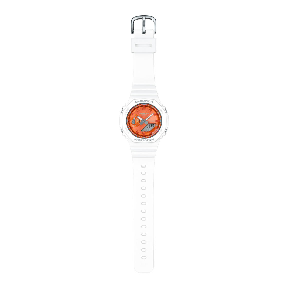 Komplettaufnahme der GMA-S2100WS-7A mit weißem Resinband und Digital-Analoger Anzeige in orange
