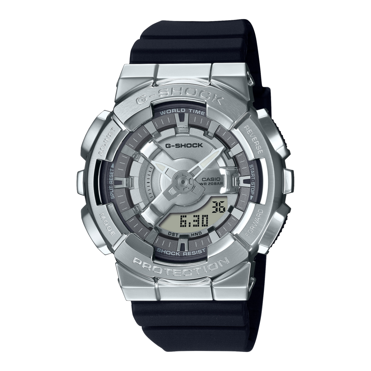 Die G-SHOCK Armbanduhr "GM-S2110-1A" mit silberfarbenem dickem Gehäuse und schwarzem Resinarmband