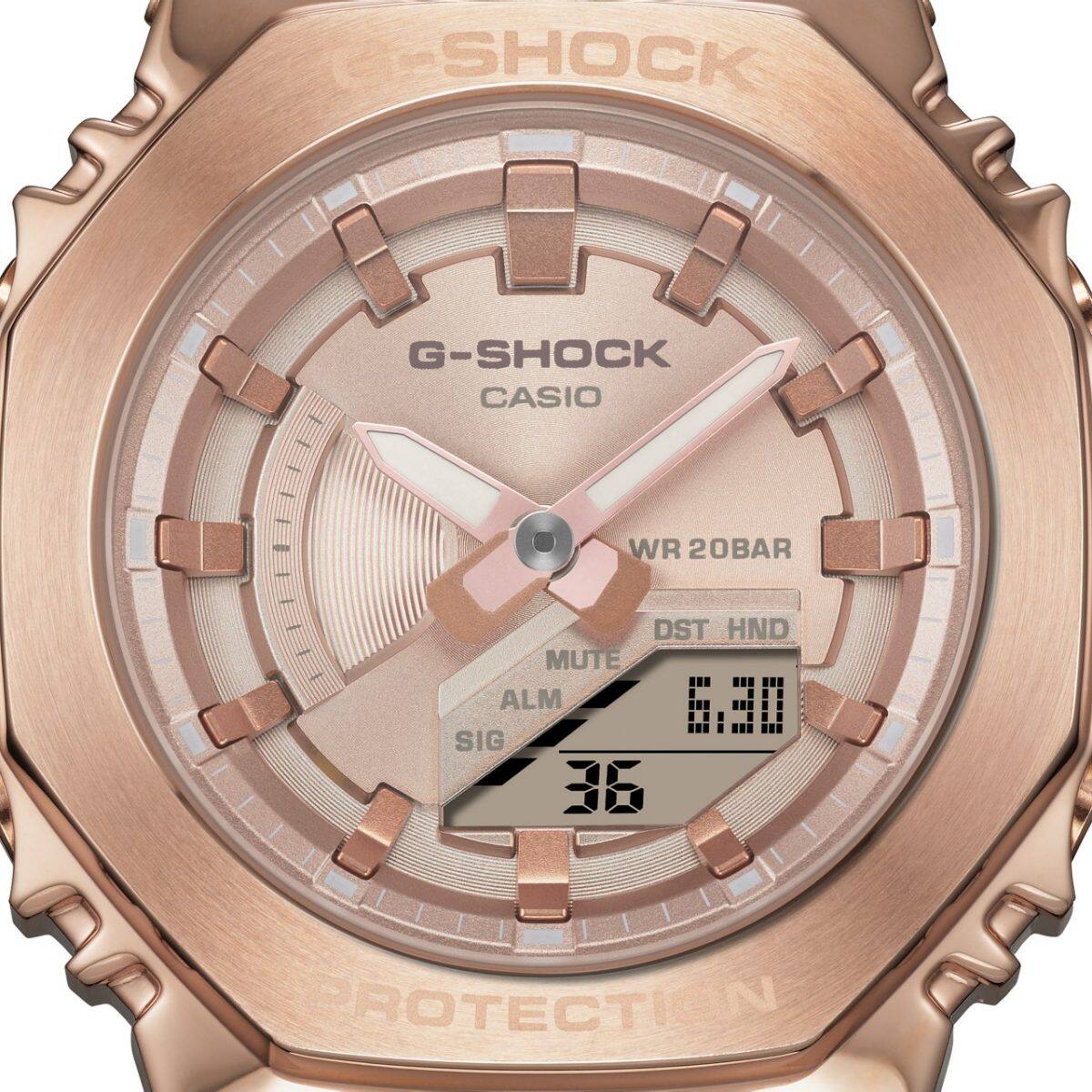 Close-Up des roségold schimmernden Hybrid-Displays der GM-S2100PG-4A Armbanduhr 