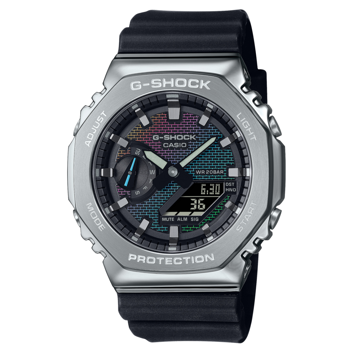Die G-SHOCK Armbanduhr GM-2100RW-1A mit schwarzem Resinarmband und silberner Metalllünette hat ein analoges Zifferblatt mit buntem Ziegelwandmuster