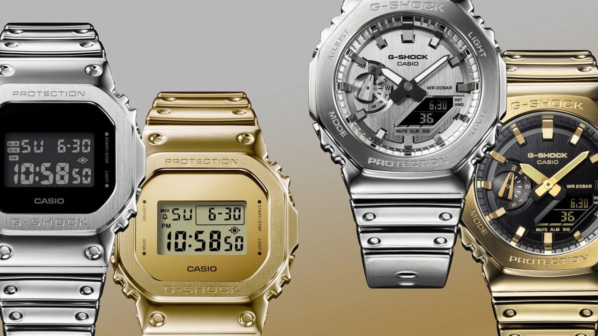 Die Digitaluhren GM-5600YM-8, GM-5600YMG-9, GM-2100YM-8A und GM-2100YMG-9A in Metallic-Farben mit schimmerndem Glanz