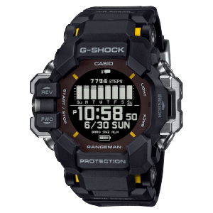 Die G-SHOCK Armbanduhr GPR-H1000-1 mit digitalem Zifferblatt in Schwarz mit gelben Akzenten, einem schwarz-silbernen, robusten Gehäuse und Armband aus biobasiertem Resin in Schwarz.