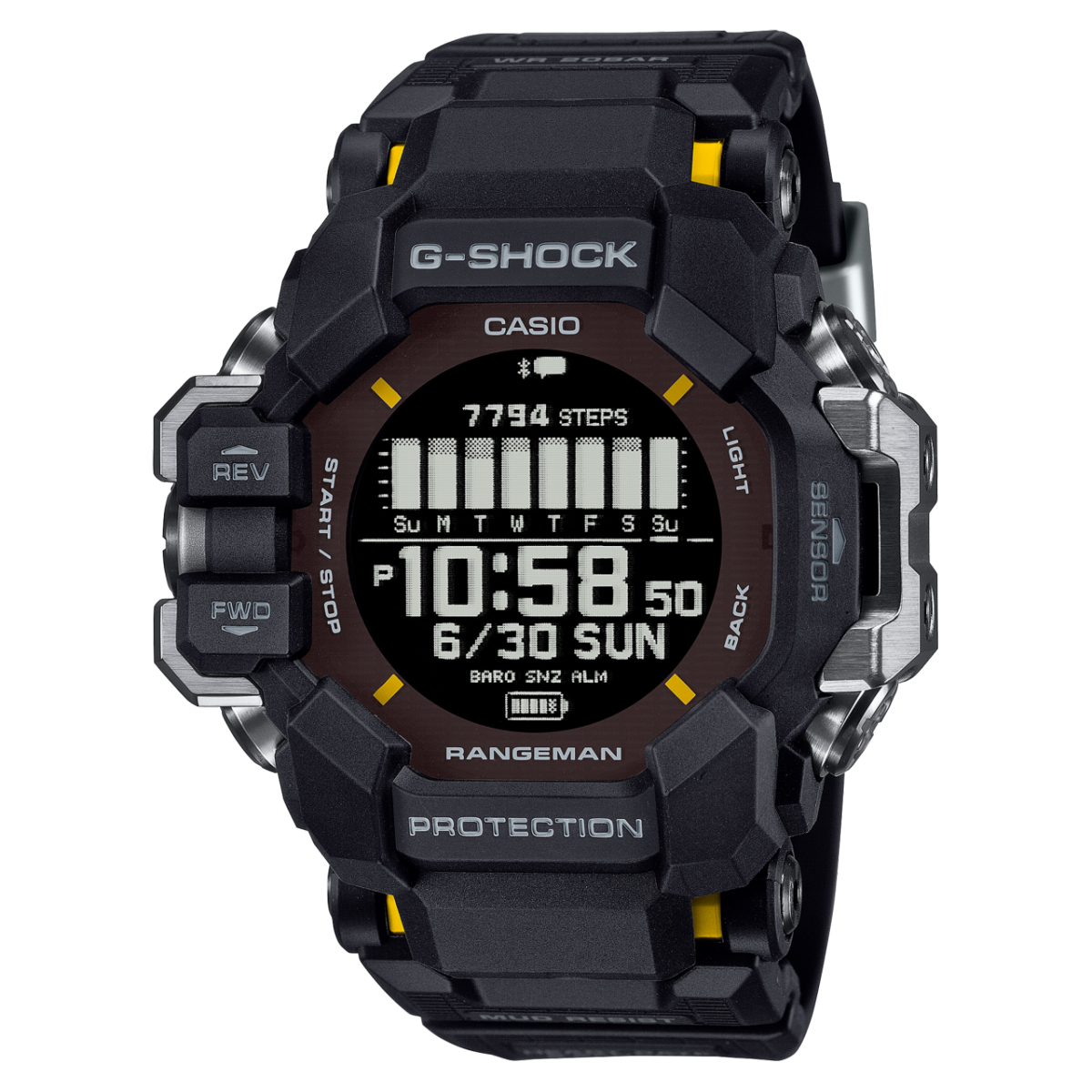 Die G-SHOCK Armbanduhr GPR-H1000-1 mit digitalem Zifferblatt in Schwarz mit gelben Akzenten, einem schwarz-silbernen, robusten Gehäuse und Armband aus biobasiertem Resin in Schwarz.