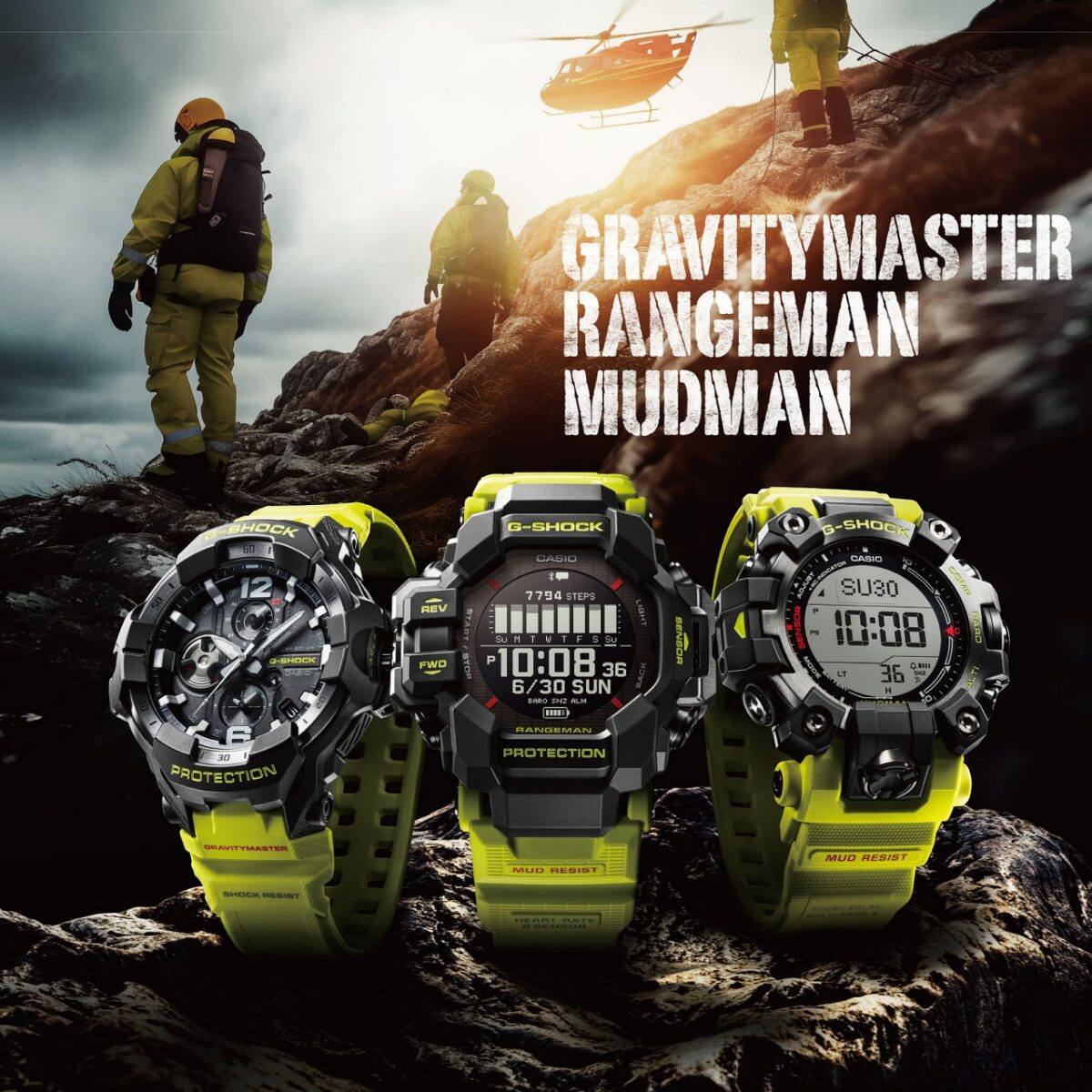 Die drei Modelle GR-B300RY-1A9, GPR-H1000RY-1A9, GW-9500MRY-1A9 der Rescue Yellow Serie. Im Hintergrund sind Bergretter und ein Rettungshubschrauber zu sehen.