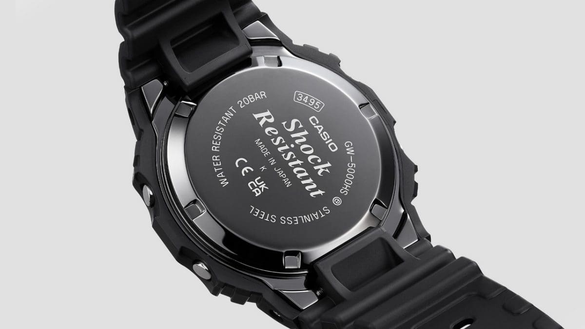 Rückseite der GW-5000HS - Armbanduhr mit Gravur auf dem Gehäuseboden "Shock resistant"