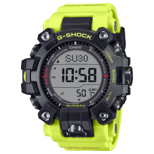 Frontansicht der GW-9500MRY-1A9ER mit schwarzem Gehäuse und leuchtend gelbem Armband