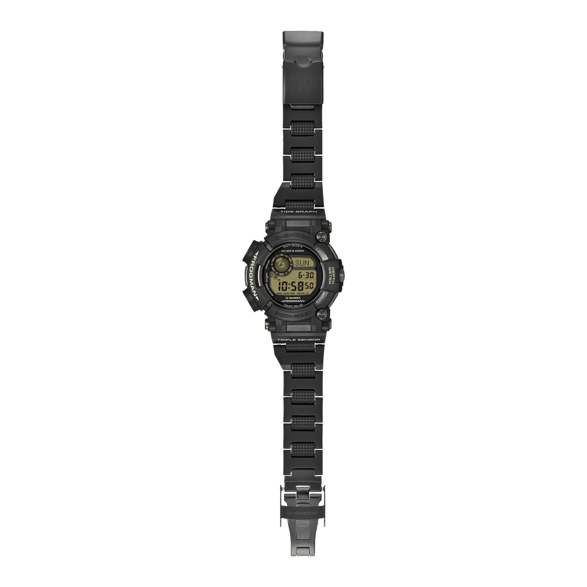 Gesamtansicht der Armbanduhr GWF-D1000BC-1ER von G-SHOCK mit Gliederarmband und hellbraunen Akzenten auf dem ansonsten schwarzen Gehäuse