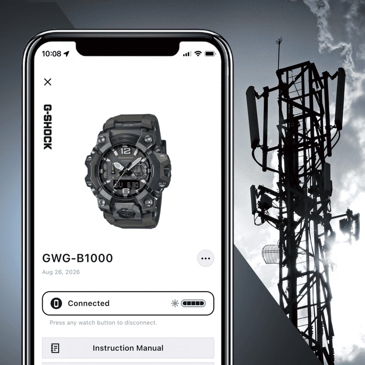 Die Armbanduhr GWG-B1000-1A3 ist auf einem Smartphonebildschirm zu sehen und daneben steht ein Funkturm