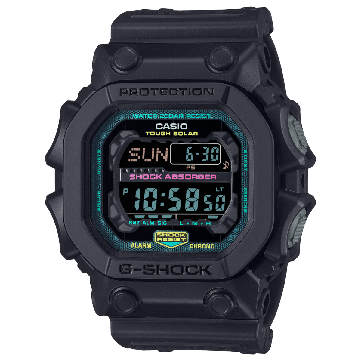 Produktbild der GX-56MF-1 Digitaluhr von G-SHOCK mit schwarzem Armband und türkisenen und pinken Details in der Anzeige