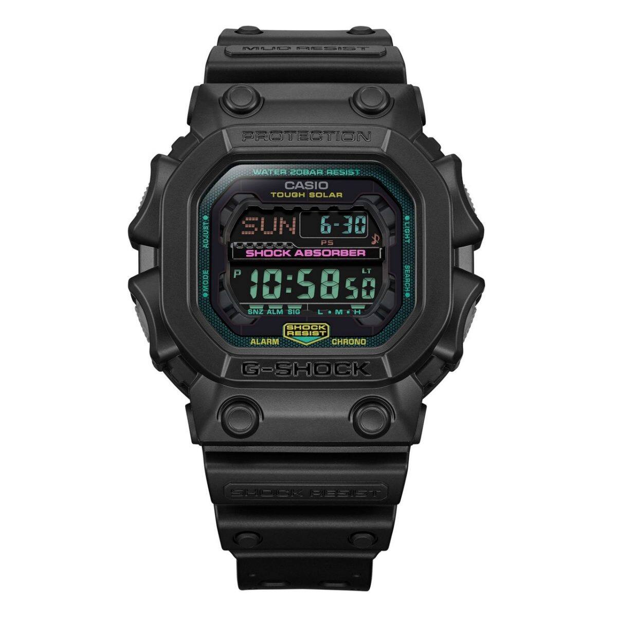 Produktbild der GX-56MF-1 Digitaluhr von G-SHOCK mit schwarzem Armband und türkisenen und pinken Details in der Anzeige