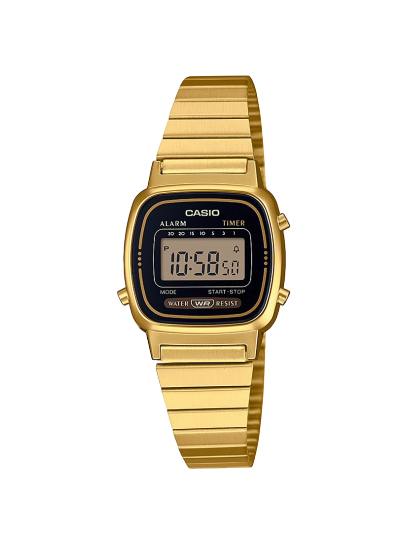 Die CASIO VINTAGE COLLECTION Armbanduhr LA670WEGA-1 mit eckigem, digitalem Zifferblatt in Beige, schwarz umrandet mit Akzenten in Gold, Braun und Weiß, einem quadratischen Gehäuse in Gold und einem Gliederarmband aus Edelstahl in Gold.