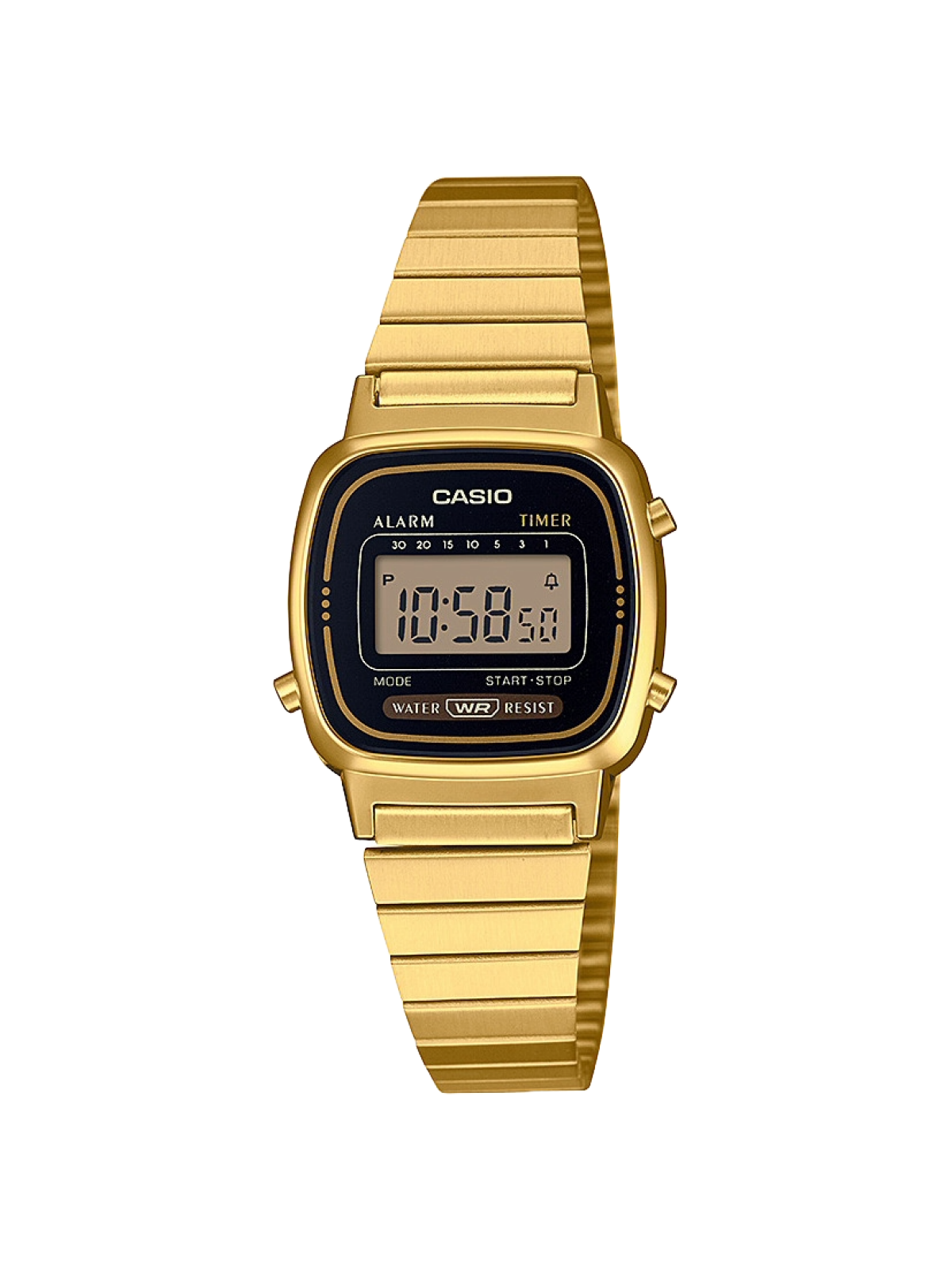 Die CASIO VINTAGE COLLECTION Armbanduhr LA670WEGA-1 mit eckigem, digitalem Zifferblatt in Beige, schwarz umrandet mit Akzenten in Gold, Braun und Weiß, einem quadratischen Gehäuse in Gold und einem Gliederarmband aus Edelstahl in Gold.