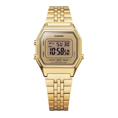 Frontansicht der goldenen Digitaluhr LA680WEGA-9 mit Gliederarmband