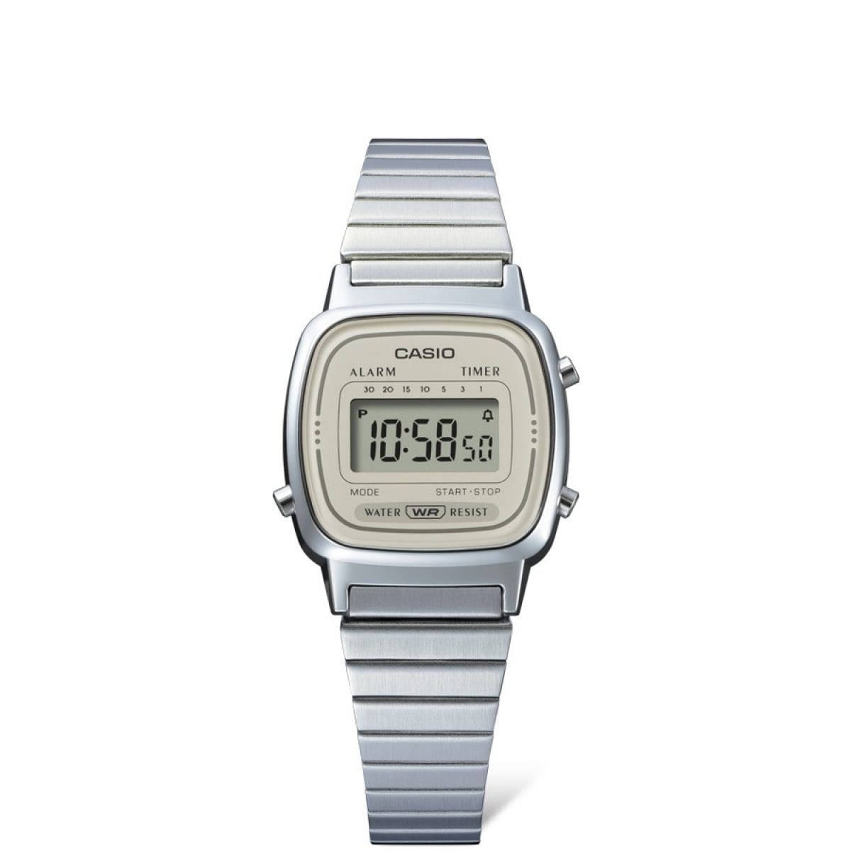 Gehäuse und Armband der CASIO VINTAGE COLLECTION Armbanduhr LA670WEA-8A direkt von vorn.